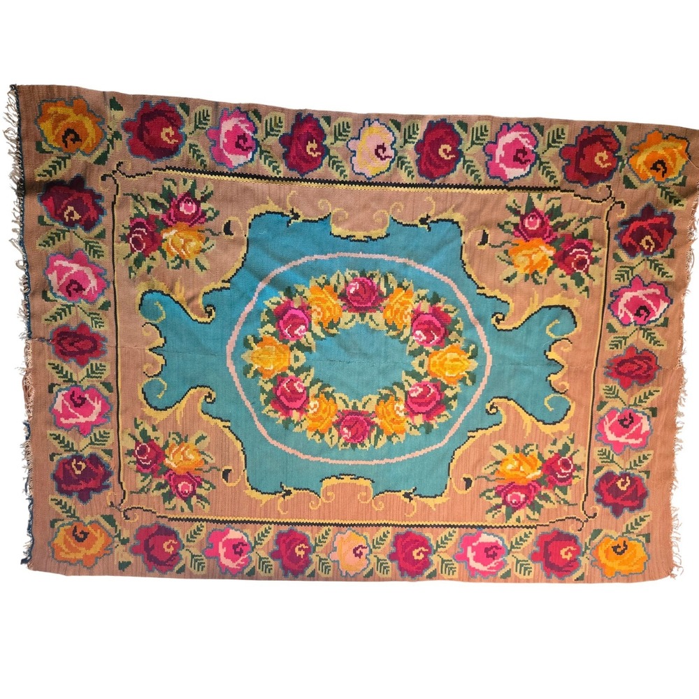 Vintage Handwoven Kilim Rug Floral Medallion Turquoise Tan Boho Flatweave Fringe - Picture 2 of 16